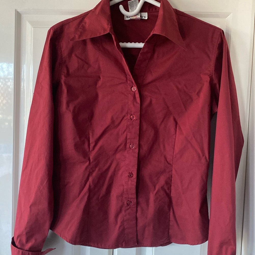Women’s fitted long sleeve blouse top, beautiful burgundy colour and folded cuff